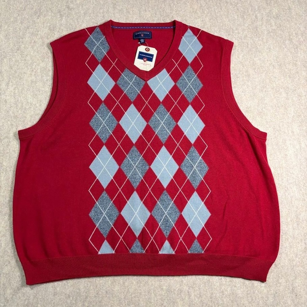 Saddlebred Sweater Vest Mens XXL Red Cotton Argyle V-Neck Classic Preppy New